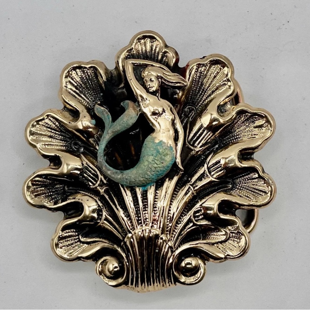 Mermaid on a shell Buckle Belt - Gold and Blue, by Richard Kaish.